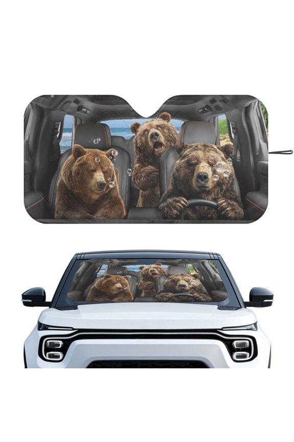 Car Windshield Sun Shade with Cute Bear Graphic, Automotive Sunshade for Car Windshield, Blocks Uv Rays and Keeps Your Vehicle Cool for Road Trips
