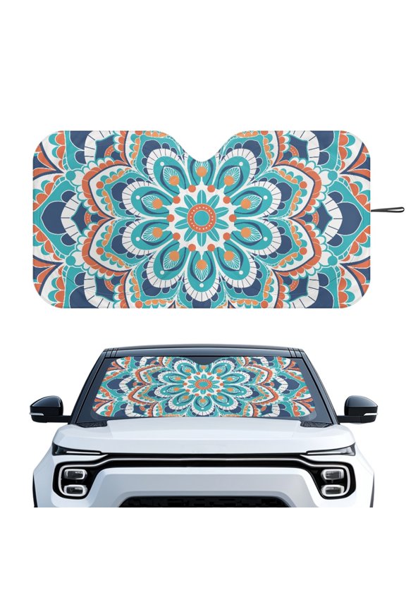 Car Windshield Sun Shade with Mandala Pattern, Foldable Sunshade for Automotive Front Window, Blocks Heat and Protects Interior for Daily Driving