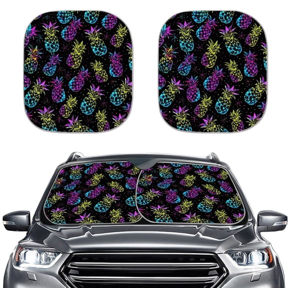 XYZCANDO Car Windshield Sun Shade with Neon Pineapple Print, Reflector Sunshade 2 Piece Set for Blocking Heat, Fits Most Vehicle Sizes for Daily Driving