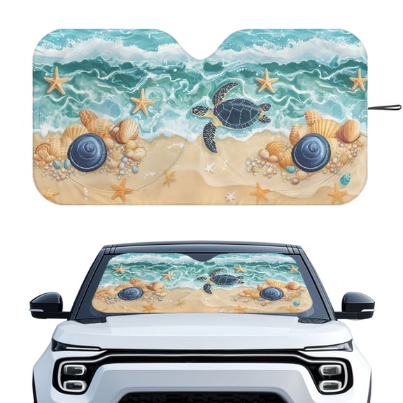XYZCANDO Car Windshield Sun Shade with Beach Turtle Seascape, Foldable Auto Sun Blocker for Easy Storage and Summer Heat Protection