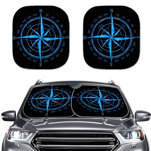 XYZCANDO Car Windshield Sun Shade with Blue Compass Pattern, 2 Pack Car Accessories for Daily Road Trips and SUV Protection