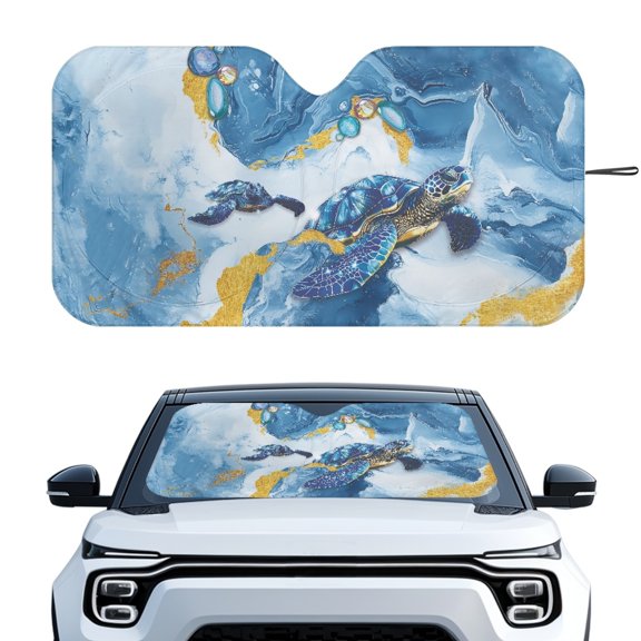 XYZCANDO Car Windshield Sun Shade with Blue Gold Sea Turtle, Storage Bag for Vehicle, Blocks Uv Rays to Keep Interior Cool