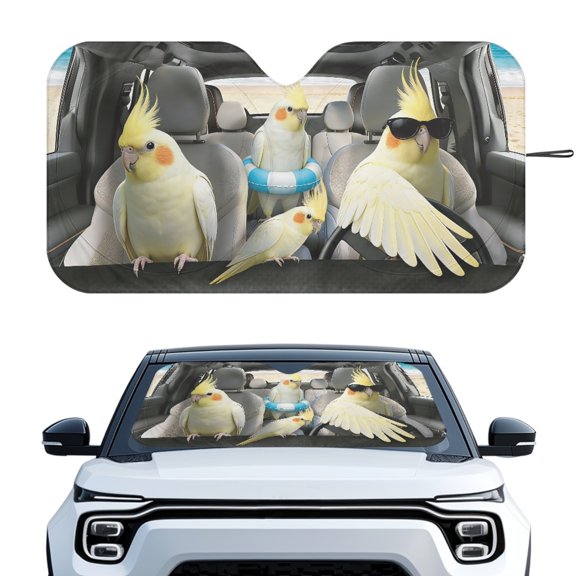 XYZCANDO Car Windshield Sun Shade with Cockatiel Family Pattern, Extra Storage Bag for Vehicle Sun Protection and Summer Road Trips
