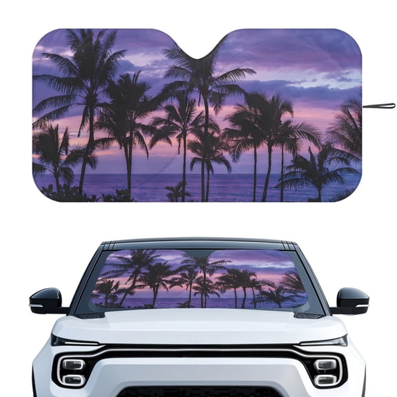 XYZCANDO Car Windshield Sun Shade with Tropical Palm Print, Aluminum Automotive Sunshade for Most Vehicles, Blocks Heat for Summer Road Trips