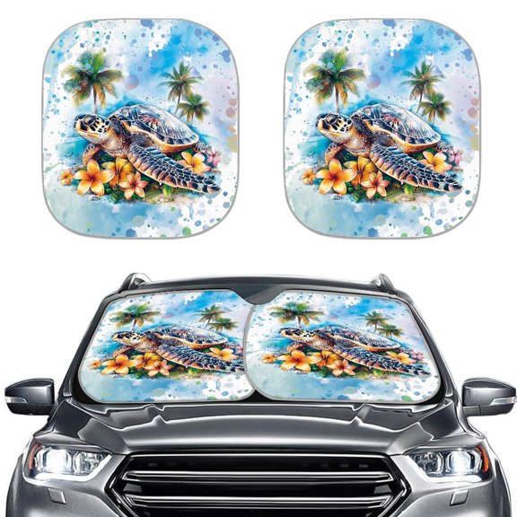 XYZCANDO Car Windshield Sunshades with Tropical Sea Turtle Art, 2 Pack Car Windshield Sun Shade, Fits Trucks for Summer Heat and Interior Protection