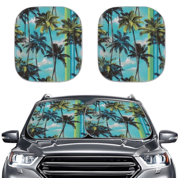 XYZCANDO Car Windshield with Tropical Palm Tree Pattern, Two Piece Windshield Sun Shade for Summer Road Trips and Vehicle Interior Protection
