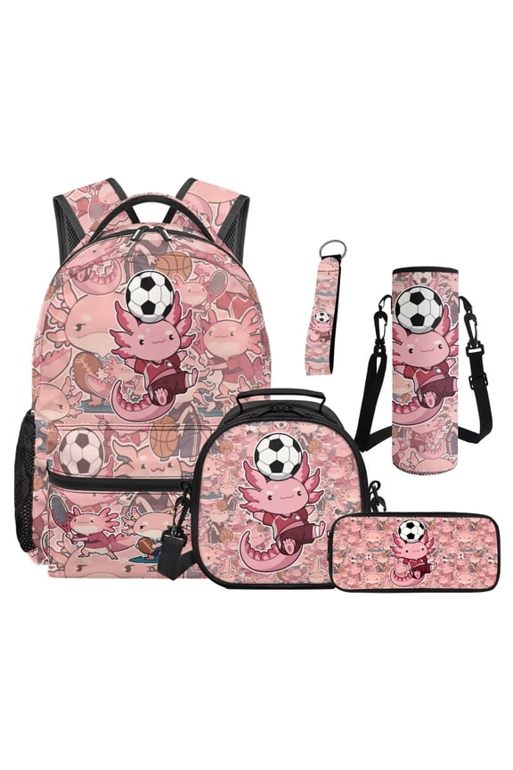 Cartoon Axolotl Backpack School Set 5Pcs with Portable Lunch Bag Pencil Case Lanyard Keychain Fashion Backpack for Kids Teens