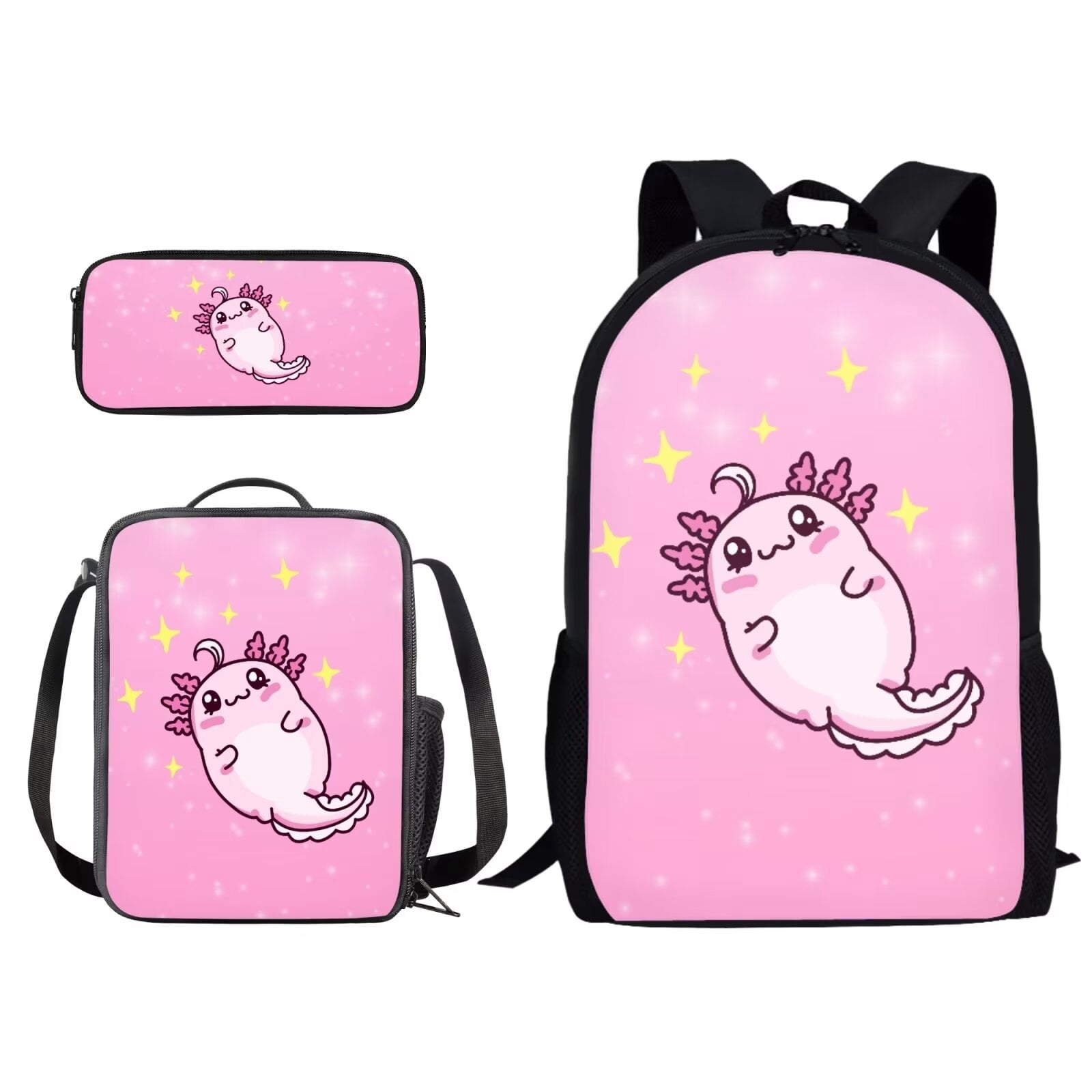 XYZCANDO Cartoon Axolotl Star Pink Print Backpack Set 3 Pack for Student 17-inch Travel Laptop Bag with Lunch Bag and Pencil Box Rucksack Daypack for Women Men Outdoor Camping