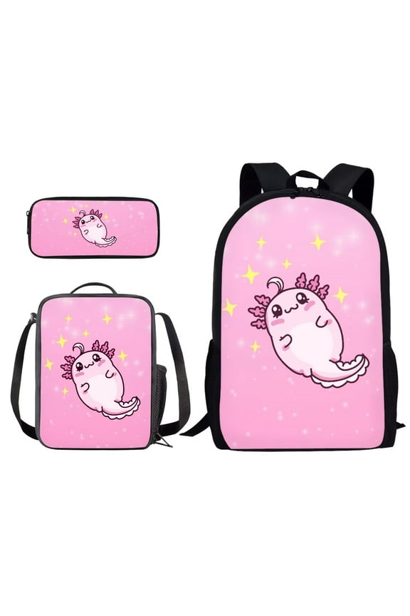 Cartoon Axolotl Star Pink Print Backpack Set 3 Pack for Student 17-inch Travel Laptop Bag with Lunch Bag and Pencil Box Rucksack Daypack for Women Men Outdoor Camping