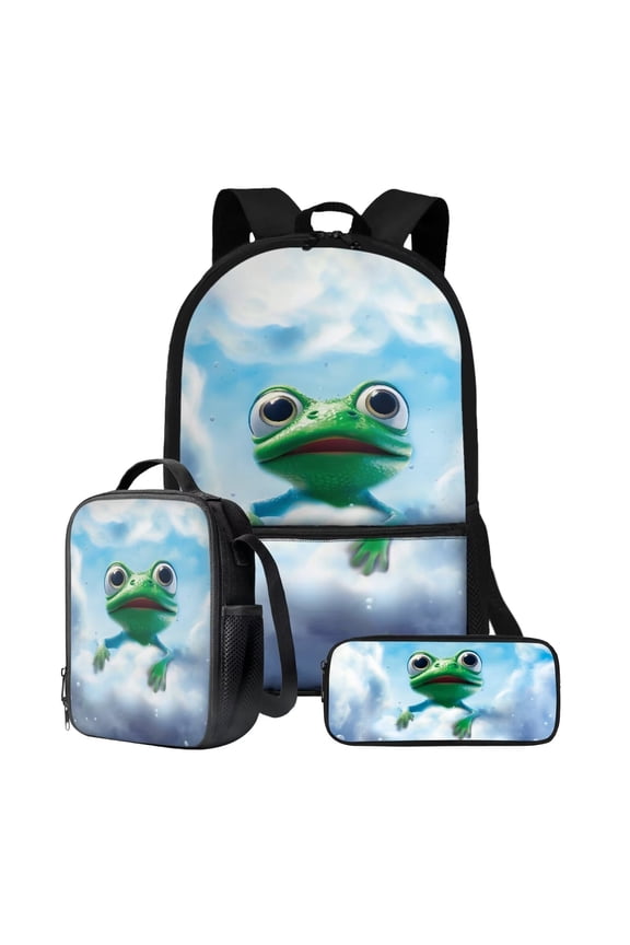 Cartoon Frog Print 17 Inch Book Bag Back-to-School Backpack Set Large Capacity Primary School Bookbag 3 Pack Travel Backpacks Lunch Bag Pencil Case for Student Rucksack