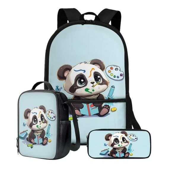 XYZCANDO Cartoon Panda Print School Backpack Set 17 Inch Book Bag Large Capacity Primary School Bookbag 3 Pack Travel Backpacks Lunch Bag Pencil Case Back-to-School Set for Student