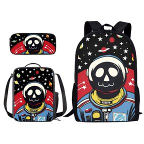 XYZCANDO Cartoon Pilot Star Print Backpack Set for Women Men School Book Bag with Lunch Bag and Pencil Case Polyester Daypack 17-inch Rucksack for Hiking Traveling Camping