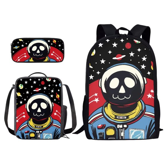 XYZCANDO Cartoon Pilot Star Print Backpack Set for Women Men School Book Bag with Lunch Bag and Pencil Case Polyester Daypack 17-inch Rucksack for Hiking Traveling Camping