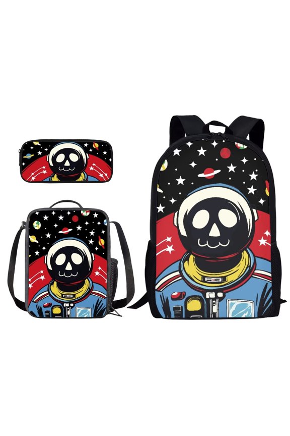 Cartoon Pilot Star Print Backpack Set for Women Men School Book Bag with Lunch Bag and Pencil Case Polyester Daypack 17-inch Rucksack for Hiking Traveling Camping