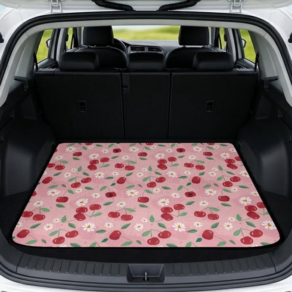 XYZCANDO Cherry Daisy Car Trunk Mat 29" x 39", All-Weather Polyester Cargo Liner with Non-Slip Backing, Easy-Clean Stitched Edge Protector for SUVs, Sedans and Trucks