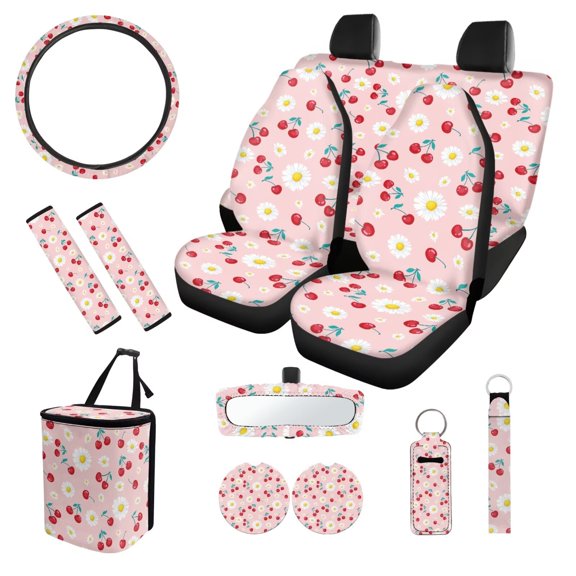 XYZCANDO Cherry Daisy Print Seat Belt Cover Steering Wheel Cover Center Mirror Cover Coasters Car Seat Cover Keychain Lipstick Cover Car Trash Can Easy Installation Fashion Suitable for Cars