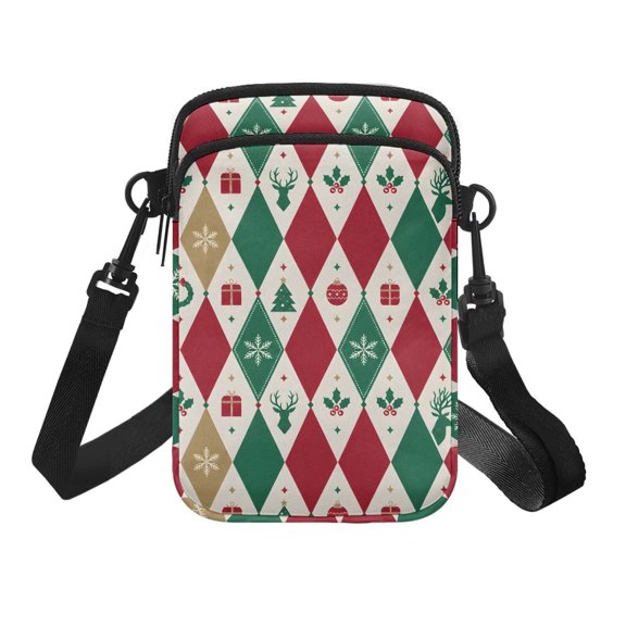 XYZCANDO Christmas Argyle Print Small Crossbody Phone Bag, Adjustable Strap Lightweight Shoulder Purse for Holiday Travel Outdoor Daily Use Fits Most Smartphones