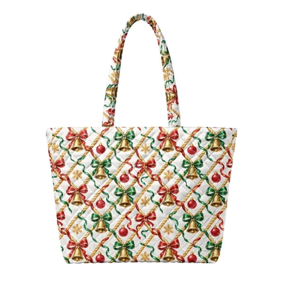 XYZCANDO Christmas Bell Printed Padded Shoulder Handbag, Large Capacity Quilted Handle Tote for Holiday Shopping, Travel, Daily Commute & Festive Gift Giving