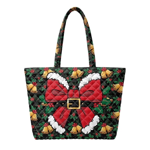 XYZCANDO Christmas Bow Print Padded Shoulder Handbag Large Capacity Quilted Tote Bag with Handle for Holiday Shopping Travel Work Daily Use