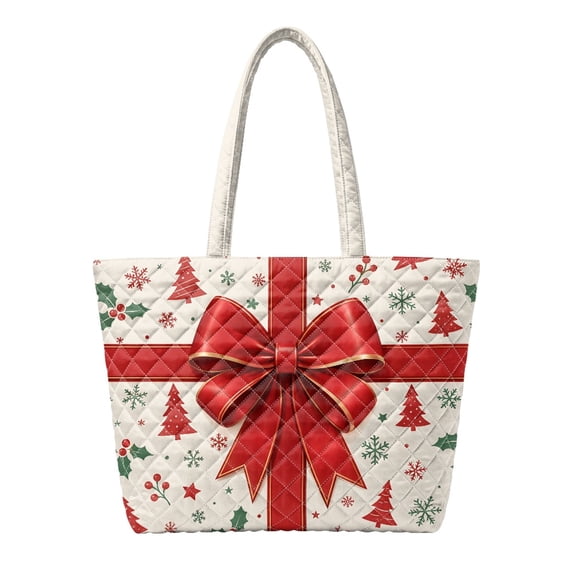 XYZCANDO Christmas Bow Print Padded Shoulder Tote Bag, Large Capacity Festive Quilted Handbag for Holiday Shopping, Travel, Daily Commute, Gift for Women