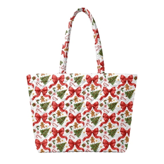 XYZCANDO Christmas Bow Print Padded Shoulder Tote Bag, Large Capacity Holiday Carryall Purse for Women, Cute Festive Handbag for Shopping Travel Xmas Gift