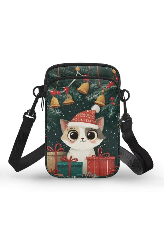 Christmas Cat Mini Messenger Bag for Women Men Cross Body Purse with Strap Cell Phone Wallet for Travel Hiking Running Mini Crossbody Bags Cell Phone Pouch Shoulder Pouch