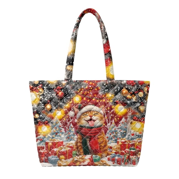 XYZCANDO Christmas Cat Print Padded Shoulder Handbag Large Capacity Quilted Handle Tote for Holiday Shopping Travel Work Casual Daily Use with Roomy Compartments