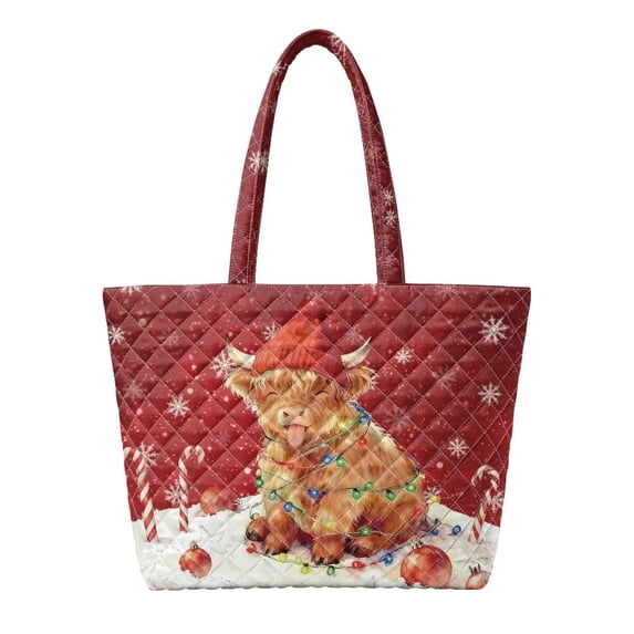 XYZCANDO Christmas Highland Cow Printed Quilted Shoulder Tote Bag Large Capacity Casual Handbag for Holiday Shopping Work Travel Daily Use