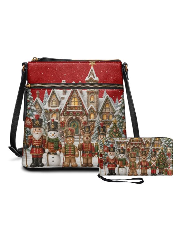 Christmas Nutcracker Printed Crossbody Bag & Wallet Coordinated Set, Winter Holiday PU Leather Shoulder Purse with Multiple Pockets for Women Gift