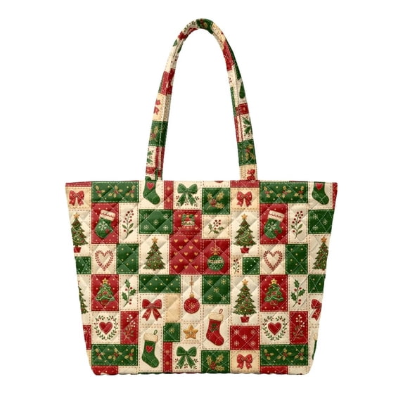XYZCANDO Christmas Patchwork Padded Shoulder Tote Bag Large Capacity Lightweight Handbag for Holiday Shopping Travel Daily Use for Women