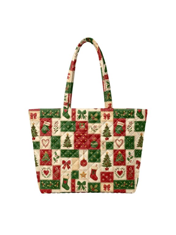 Christmas Patchwork Padded Shoulder Tote Bag Large Capacity Lightweight Handbag for Holiday Shopping Travel Daily Use for Women