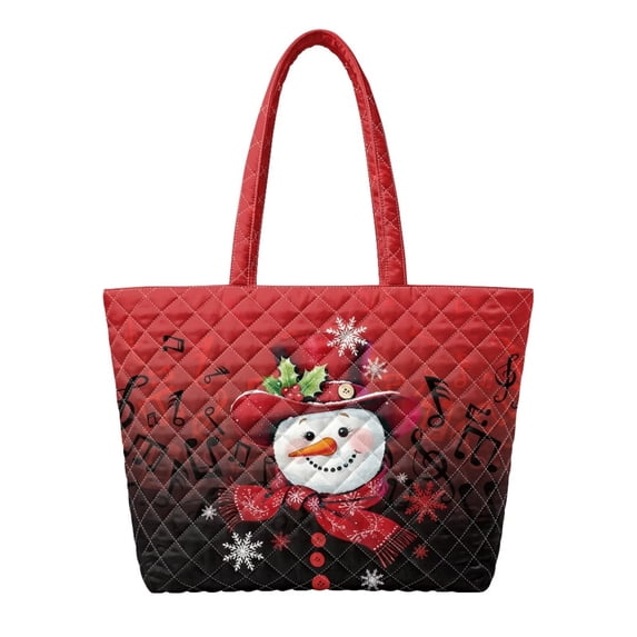 XYZCANDO Christmas Snowman Print Quilted Tote Bag, Padded Shoulder Handbag with Musical Note Pattern, Large Capacity Purse for Holiday Shopping Daily Use Women Gift
