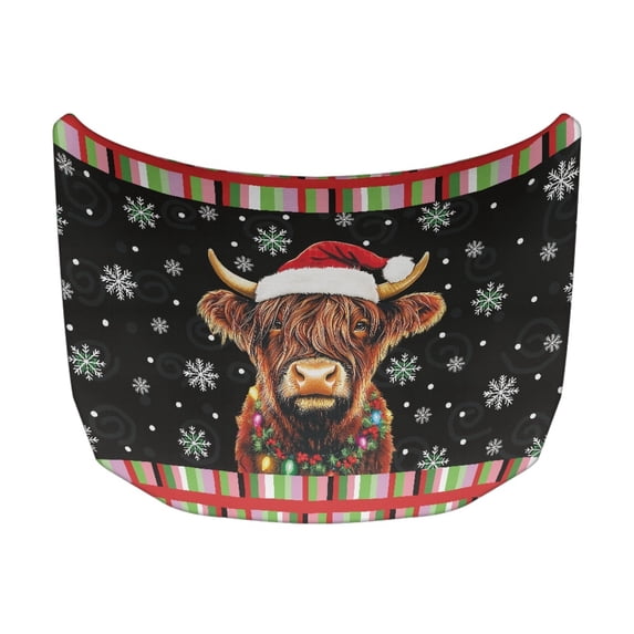 XYZCANDO Christmas Universal Car Hood Cover featuring Highland Cow with Santa Hat - Festive Exterior Decoration for Holiday Auto Decor