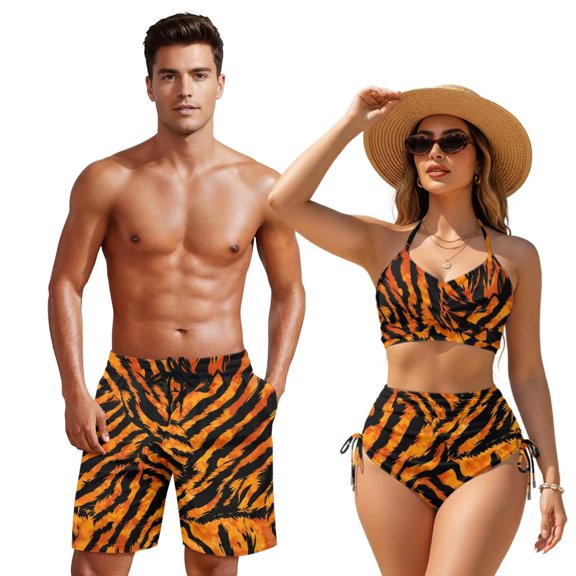 XYZCANDO Couple Matching Beach Set Men Board Shorts Women Drawstrings Bikini High Waisted Bathing Suit Tiger Stripes Matching Swimwear Hawaiian Style Vacation Outfit for Beach Pool Honeymoon Travel