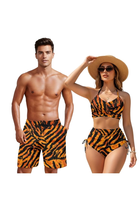 Couple Matching Beach Set Men Board Shorts Women Drawstrings Bikini High Waisted Bathing Suit Tiger Stripes Matching Swimwear Hawaiian Style Vacation Outfit for Beach Pool Honeymoon Travel