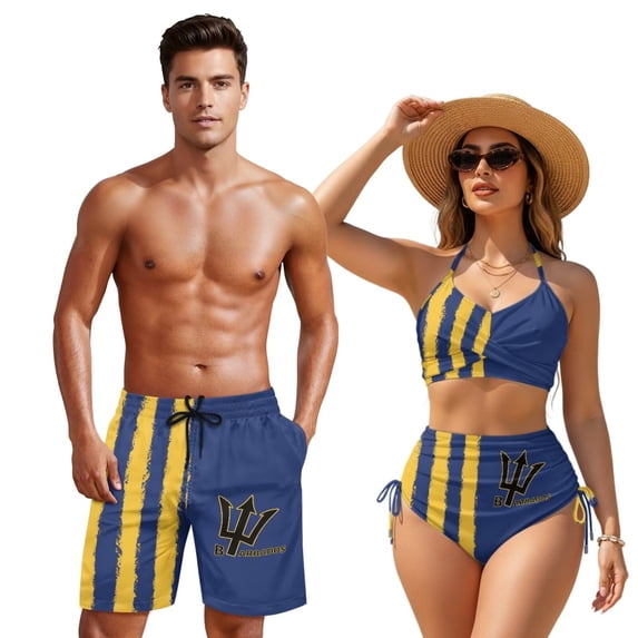 XYZCANDO Couple Matching Beach Set Summer Swimwear Men's Swim Trunks & Women's Drawstring Side Bikini Flag of Barbados Hawaiian Style Outfit for Beach Pool Honeymoon Vacation Outfit