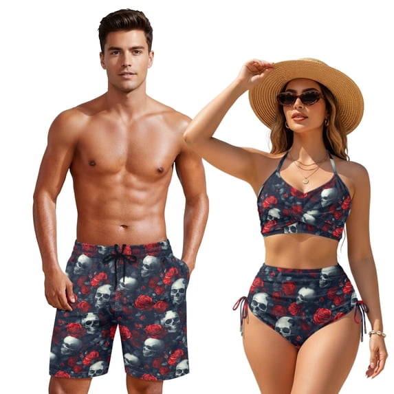 XYZCANDO Couple Matching Beach Set His Hers Swimwear Men's Beach Shorts & 2 Piece Women's Drawstring Bikini Gothic Skull Roses Hawaiian Outfits Vacation Pool Party Honeymoon Beach Wear