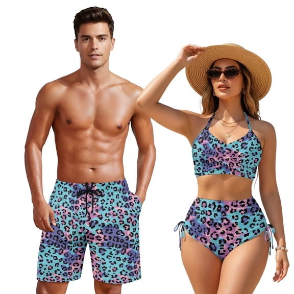 XYZCANDO Couple Matching Swimwear Men Board Shorts Women Crisscross Back Bikini High Waisted Swimsuit Leopard Hawaiian Beach Outfit for Vacation Honeymoon Pool Party Summer Wear