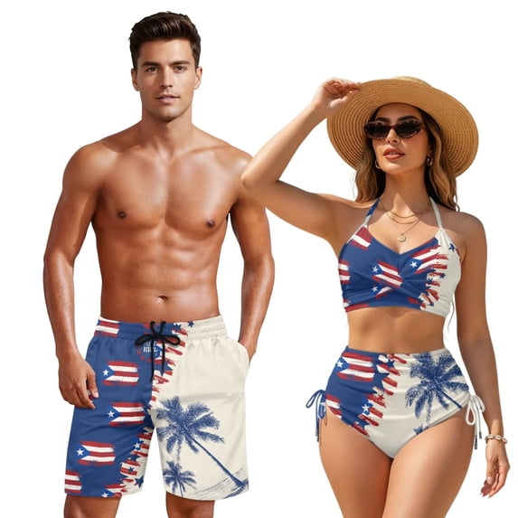 XYZCANDO Couple Matching Swimwear Men Board Shorts Women Crisscross Back Bikini High Waisted Swimsuit Puerto Rico Palm Hawaiian Beach Outfit for Vacation Honeymoon Pool Party Summer Wear