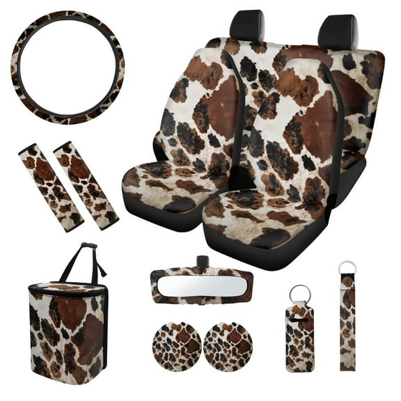XYZCANDO Cow Brown Spot Print Car Seat Cover Steering Wheel Cover Car Trash Can Seat Belt Cover Keychain Lipstick Cover Center Mirror Cover Coasters Auto Interior Protector Personalized