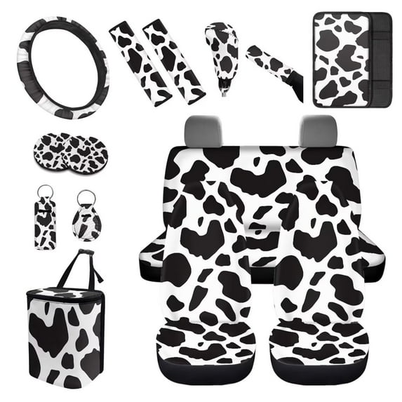 XYZCANDO Cow Spot Print Trash Can Lipstick Cover Handbrake Cover Fender Cover Seat Belt Cover Steering Wheel Cover Armrest Cover Car Cushion Cover Car Coasters Keychain Comfortable