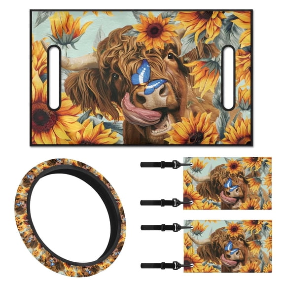 XYZCANDO Cow Sunflower 4pcs Golf Cart Seat Covers Golf Cart Steering Wheel Covers Butterfly Golf Cart Flags 2 Person Seats Golf Cart Body Kit Steering Wheel Cover Suitable for All Weather Yellow