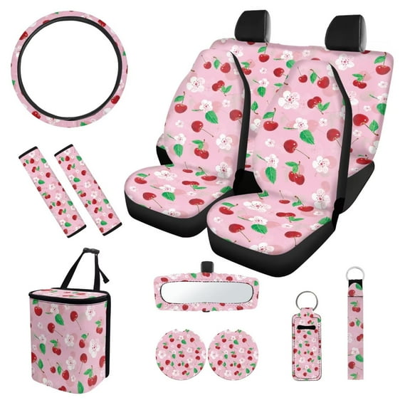 XYZCANDO Cute Cherry Seat Belt Cover Steering Wheel Cover Center Mirror Cover Coasters Car Seat Cover Keychain Lipstick Cover Car Trash Can Easy Installation Fashion Suitable for Cars