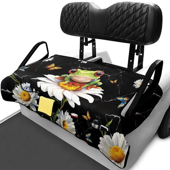 XYZCANDO Cute Frog Daisy Print Golf Cart Seat Cover - 4 Pockets Non Slip Terry Cloth Universal 2 Passenger Golf Cart Accessory