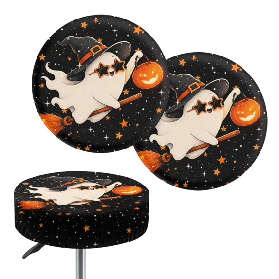 XYZCANDO Cute Halloween Ghost Print Round Bar Stool Seat Covers 2 Pack, Washable Stretch Elastic Stool Cushion Slipcovers for Kitchen Dining Cafe Bar Holiday Decor