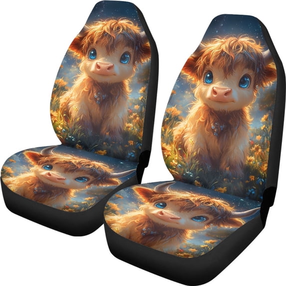 XYZCANDO Cute Highland Cows Pattern Car Seat Covers Polyester Fabric Full Protection Car Front Seat Covers SUV Front Seats Auto Interior Decoration, Comfortable Thick Truck Sedan
