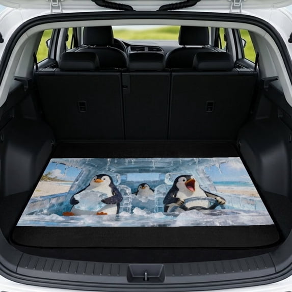 XYZCANDO Cute Penguin Car Trunk Mat 29" x 39", All-Weather Waterproof Cargo Liner with Non-Slip Backing, Easy-Clean Stitched Edge Protector for SUVs, Sedans and Trucks