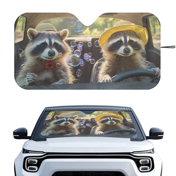 XYZCANDO Cute Raccoon Driving & Bubble Blowing Pattern Car Windshield Sun Shade, Foldable UV Protection Custom Fit Front Window Interior Accessories for Cars SUVs