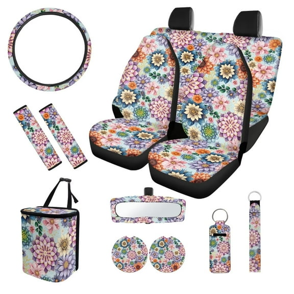 XYZCANDO Dahlia Print Car Trash Can Coasters Steering Wheel Cover Center Mirror Cover Car Seat Cover Seat Belt Cover Keychain Lipstick Cover Easy to Install for Most Cars SUV Truck Heat