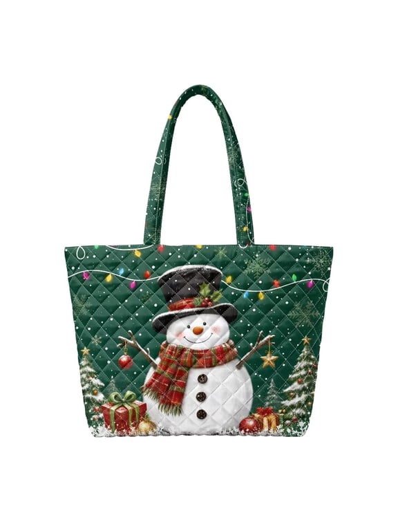 Dark Green Snowman Printed Padded Shoulder Handbag Large Capacity Quilted Tote Bag for Christmas Holiday Shopping Travel Work Women Casual Carryall Purse